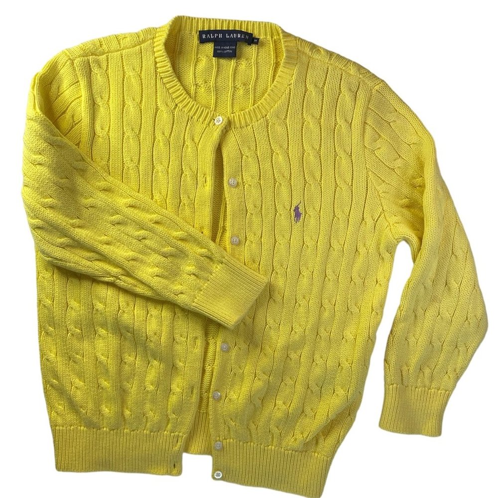 Ralph Lauren Women's Mini-Cable Cotton Cardigan Oasis Yellow  Purple  Logo size
